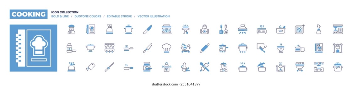 Cooking icon collection. Bold line style. Duotone colors. Editable stroke. baking soda, kitchen pack, knife, apron, chef, magic pot, barbecue, olive oil, cooking, stone oven.