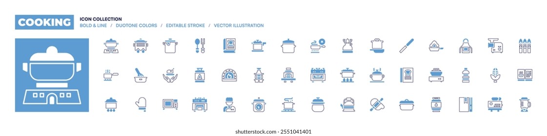 Sammlung von Kochsymbolen. Fette Linienart. Duotonfarben. Bearbeitbarer Strich. Backofen, Rezeptbuch, Küchenchef, kein Kochen, Gasherd, Grill, Grill, Kochtopf, Topf, Expresstopf, Kochen.
