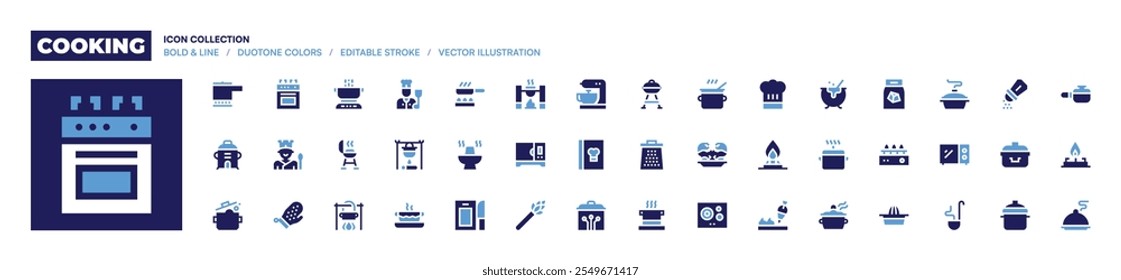 Cooking icon collection. Bold style. Duotone colors. stew, cooking, cooking pot, cooking stove, pot on fire, cook, chef, pot, bbq grill.