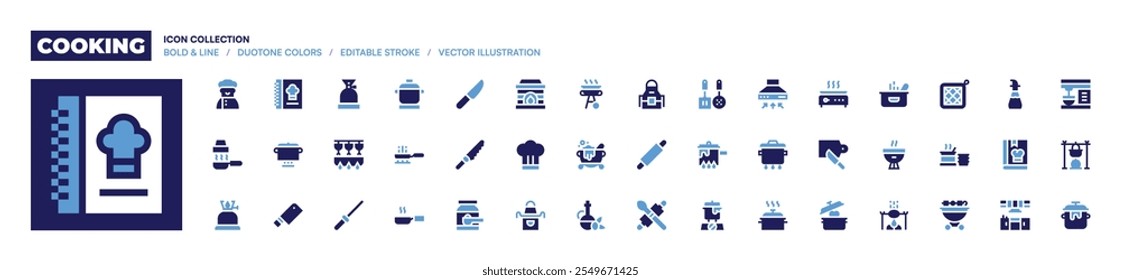 Coleção de ícones de cozinha. Estilo negrito. Cores duotônicas. faca, afiador, pote, cozinhar, assar refrigerante, capuz, frigideira, gás, pacote de cozinha, camping, livro de cozinha, fogão.