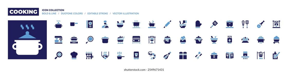 Cooking icon collection. Bold style. Duotone colors. cook, non stick, cooking, recipe book, pot, asparagus, robots, chef hat, egg, cooking pot, mixer blender.