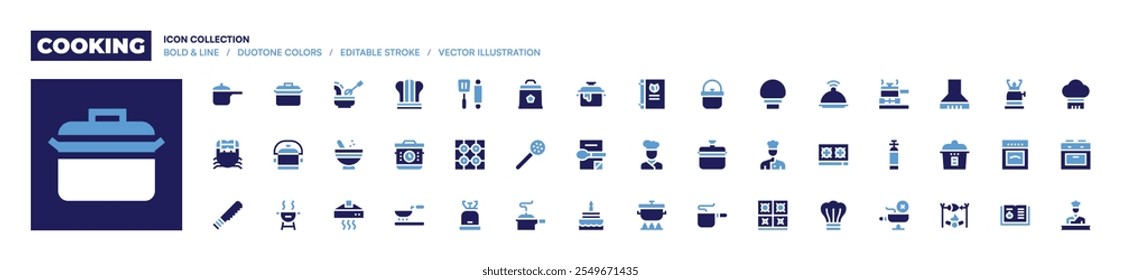 Cooking icon collection. Bold style. Duotone colors. chef, cooking time, cooking, pot, cook, crab, extractor, knife, camping gas, bbq, stove.