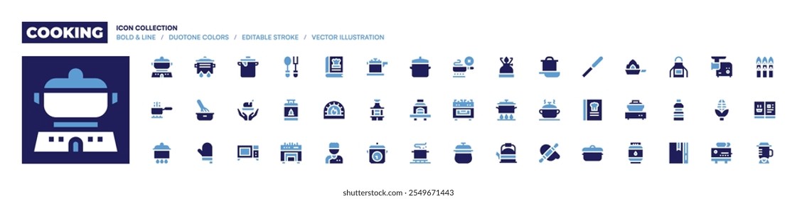 Sammlung von Kochsymbolen. Fett. Duotonfarben. Koch, Kochtopf, Kochen, Löffel, Kochen, Mikrowelle, Gas, Backen, Küche.