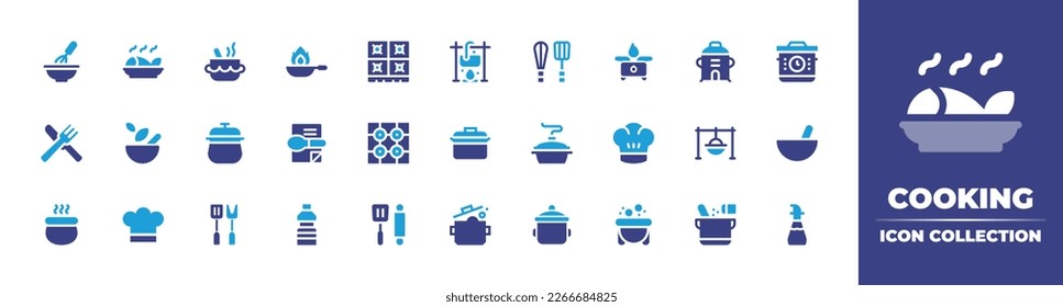 Cooking icon collection. Duotone color. Vector illustration. Containing cooking, fish, pot, frying pan, cook, cooking tools, cooking gas, pot, time, knife and fork, pestle.