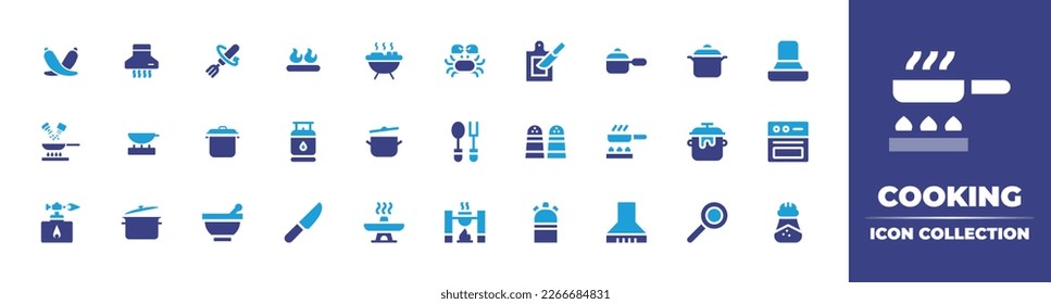 Cooking icon collection. Duotone color. Vector illustration. Containing chili, cooker hood, stir, fire, bbq grill, crab, cutting board, pan, extractor hood, seasoning, saucepan, gas bottle, boiling.