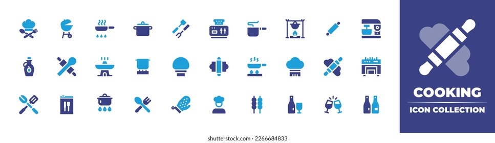 Cooking icon collection. Duotone color. Vector illustration. Containing chef, barbecue, fry, cooking pot, cooking, toaster, pot, bonfire, rolling pin, mixer blender, olive oil, hot pot, pan.