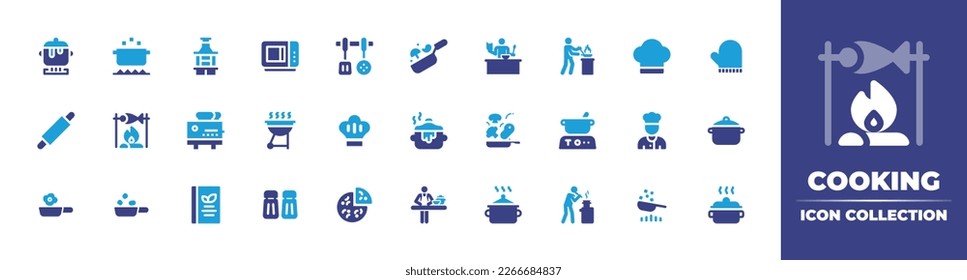 Cooking icon collection. Duotone color. Vector illustration. Containing cooking, grill, microwave, skimmer, cook hat, oven mitt, toaster, chef hat, stew, pot, chef, cooking pot, cookbook.