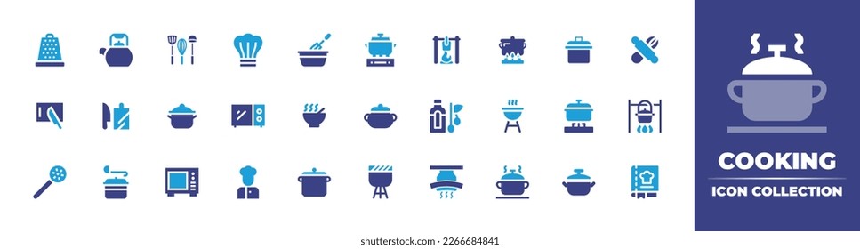 Colección de iconos de cocina. Color de duotona. Ilustración vectorial. Con rallador de queso, hervidor de agua, espátula, cocina, cocinero, olla, tabla de cortar, sartén, microondas, sopa, cacerola, aceite de oliva, barbacoa, skimmer.