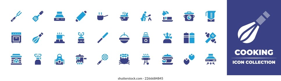 Cooking icon collection. Duotone color. Vector illustration. Containing fork, turner, extractor hood, kitchen pack, cooking, pancake, cooking time, blender, oven, whisk, cooker, camping gas.