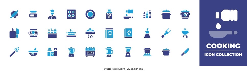 Cooking icon collection. Duotone color. Vector illustration. Containing flatten, scales, chef, stove, dishes, olive oil, pan, cooking pot, cooking time, cutting board, grilling, kitchen, stew.