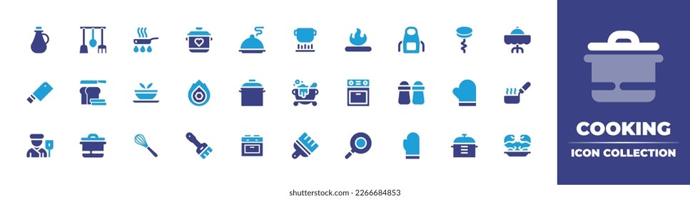 Cooking icon collection. Duotone color. Vector illustration. Containing oil bottle, cook, cooking, cooking pot, salver, stew, fire, apron, wine opener, food, knife, bread knife, soup, burning, pot.