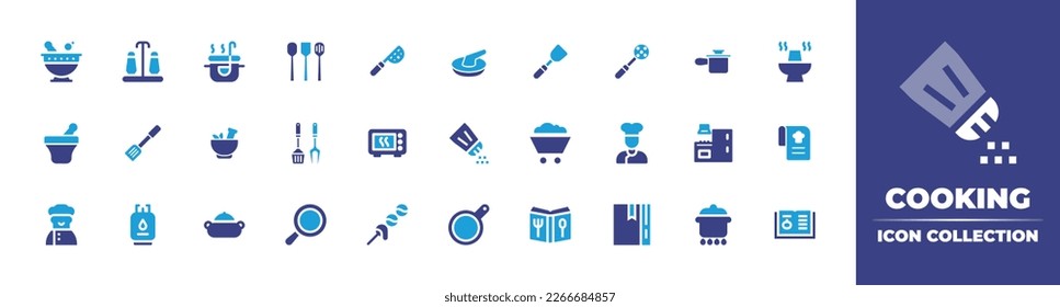 Cooking icon collection. Duotone color. Vector illustration. Containing mortar, salt and pepper, food, kitchenware, spoon, grinder, spatula, slotted spoon, pan, hot pot, grind, bbq equipment.