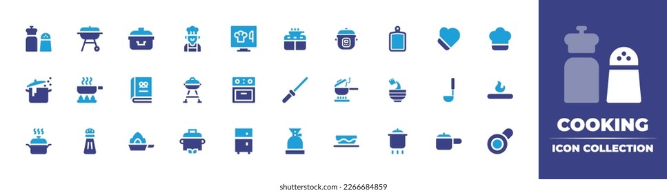 Cooking icon collection. Duotone color. Vector illustration. Containing salt, barbacue, boiling, chef, computer, kitchen pack, pressure cooker, cutting board, gloves, chef hat, saucepan, frying pan.