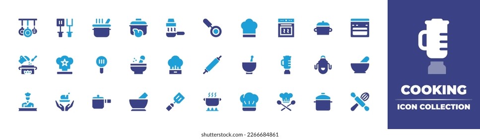 Cooking icon collection. Duotone color. Vector illustration. Containing pans, spatula, pot, hood, fry, kitchen pack, bake, cooking, trophy, skimmer, mortar, chef hat, cook, pan, chef.