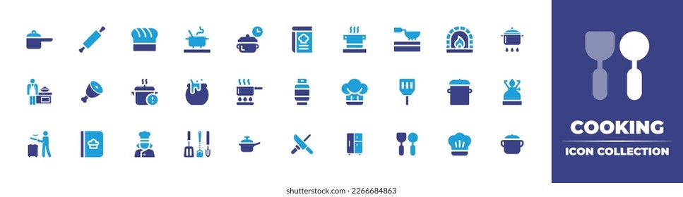 Cooking icon collection. Duotone color. Vector illustration. Containing pot, rolling pin, chef hat, cooking pot, cooking time, cook book, cook, cooking, meat, gas, hat, spatula, camping gas, recipes.