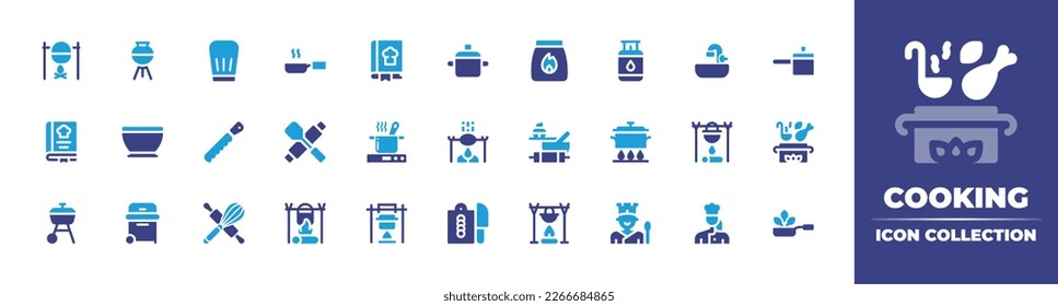 Cooking icon collection. Duotone color. Vector illustration. Containing pot on fire, bbq grill, kitchen pack, frying pan, recipe book, pot, charcoal, gas stove, wastafel, pan, bowl, knife, cooking.