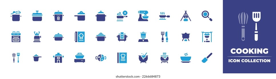 Cooking icon collection. Duotone color. Vector illustration. Containing cooking pot, no cooking, electric mixer, frying pan, fire, stove, cooking gas, cook book, robot, time, cutlery.