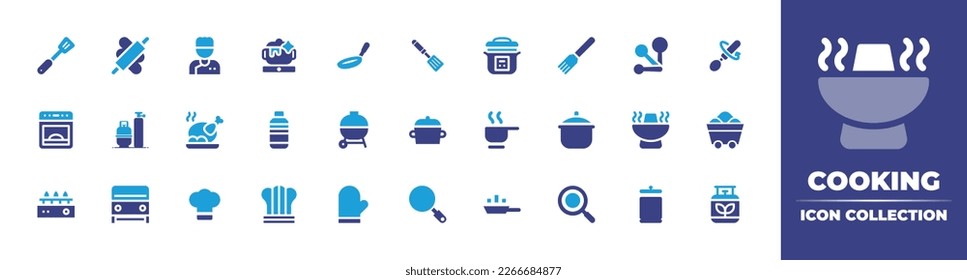 Cooking icon collection. Duotone color. Vector illustration. Containing spatula, knead, chef, cooking pot, frying pan, tuner, rice cooker, pastry brush, measuring spoons, stir, oven, gas cylinder.