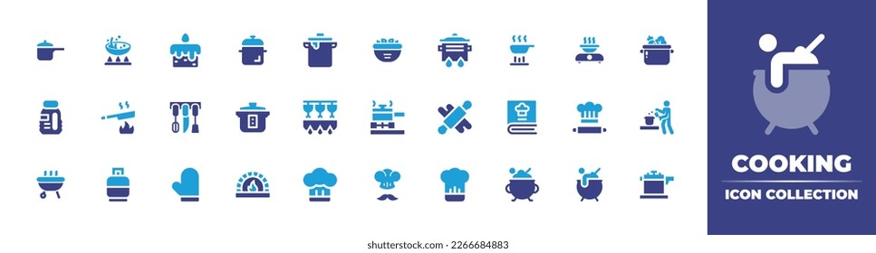 Colección de iconos de cocina. Color de duotona. Ilustración vectorial. Contienen olla de cocina, cocina, torta, botella de aceite, sartén, equipo de cocina, olla de arroz, parrilladas, cilindro de gas, mitín de horno.