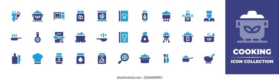 Cooking icon collection. Duotone color. Vector illustration. Containing asparagus, frying pan, microwave oven, coal, recipe book, gas, boiling, apron, chef, pan, recipe, closed barbacue, rice cooker.