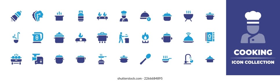 Cooking icon collection. Duotone color. Vector illustration. Containing seasoning, salad, cooking pot, cooking gas, cooking stove, chef, lunch time, barbecue, saucepan, ladle, electric kettle, cook.