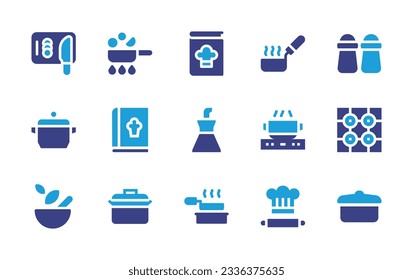 Cooking icon collection. Duotone color. Vector illustration. Containing cutting board, cooking, frying pan, salt, saucepan, recipe book, oil, cooking pot, cooking stove, pestle, cook, pan. 