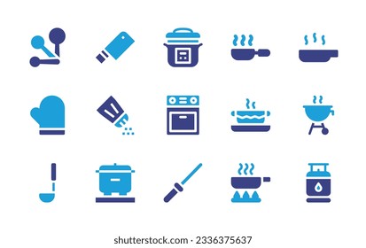 Cooking icon collection. Duotone color. Vector illustration. Containing measuring spoons, knife, rice cooker, pan, frying pan, gloves, salt, oven, stew, barbecue, spoon, cooking, sharpener, gas bottle