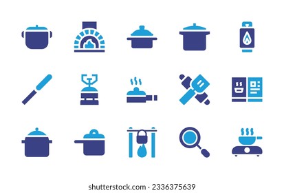 Cooking icon collection. Duotone color. Vector illustration. Containing cooking pot, pizza oven, pot, saucepan, gas, pallete knife, camping gas, pan, utensils, recipe, frying pan, cooking show. 