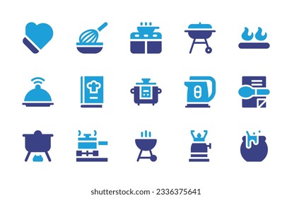 Cooking icon collection. Duotone color. Vector illustration. Containing gloves, baking, kitchen pack, barbacue, fire, salver, cook book, robot, electric kettle, cooking, cooking equipment, bbq grill.