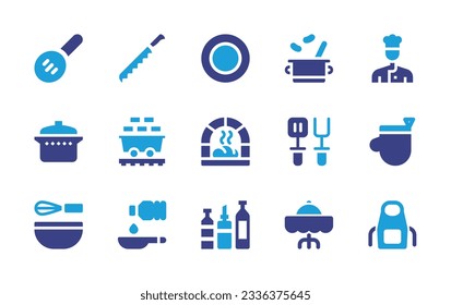 Cooking icon collection. Duotone color. Vector illustration. Containing slotted spoon, bread knife, dishes, beans, chef, saucepan, coal, oven, spatula, oven glove, cooking tools, pan, olive oil, food.