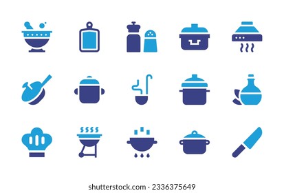 Cooking icon collection. Duotone color. Vector illustration. Containing mortar, cutting board, salt, boiling, extractor hood, cooking pot, pot, ladle, oil, chef hat, grill, cook, knife. 