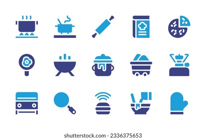 Cooking icon collection. Duotone color. Vector illustration. Containing cooking, cooking pot, rolling pin, cook book, pizza, fried egg, outdoor meal, pot, wagon, camping gas, grill, frying pan, food.