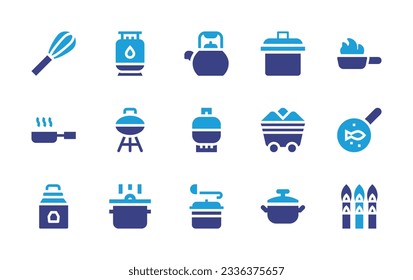 Cooking icon collection. Duotone color. Vector illustration. Containing whisk, gas bottle, kettle, pot, cooking, frying pan, barbacue, gas, coal, pan, food, cooking pot, asparagus. 