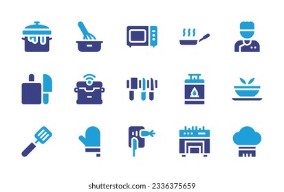 Cooking icon collection. Duotone color. Vector illustration. Containing pot, baking, cooking, pan, chef, cutting board, rice cooker, knife, gas, soup, spatula, kitchen, chef hat. 