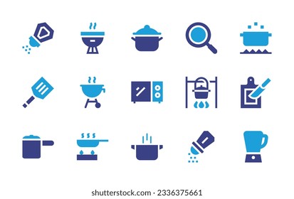 Cooking icon collection. Duotone color. Vector illustration. Containing salt, bbq, pan, frying pan, cooking, spatula, barbecue, microwave, pot, cutting board, cooking pot, blender. 