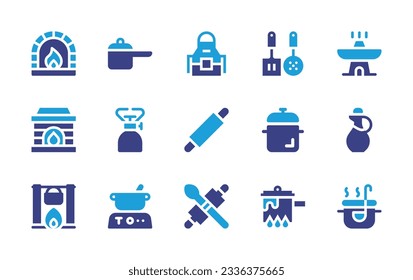 Cooking icon collection. Duotone color. Vector illustration. Containing cook, pot, apron, skimmers, hot pot, stone oven, camping gas, cooking, cooking pot, oil, pot on fire, food. 