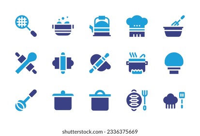 Cooking icon collection. Duotone color. Vector illustration. Containing drain, pot, kettle, chef hat, cooking, rolling pin, ladle, cooking pot. 