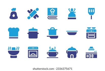 Cooking icon collection. Duotone color. Vector illustration. Containing coal, cooking, camping gas, spatula, chef hat, pot, bowl, oven, hot pot, cooking pot, rice cooker, kitchen. 
