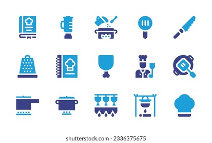 Cooking icon collection. Duotone color. Vector illustration. Containing recipe book, kitchen pack, cooking, skimmer, knife, cheese grater, cook book, cooked chicken, chef, kitchen, pot, chef hat. 