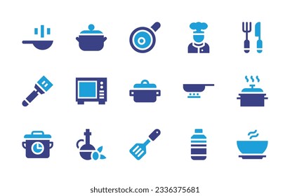 Cooking icon collection. Duotone color. Vector illustration. Containing frying pan, cooking pot, cooking, cook, cutlery, microwave, time, olive oil, turner, cooking oil, soup. 