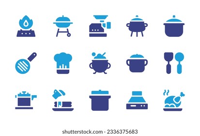 Cooking icon collection. Duotone color. Vector illustration. Containing gas stove, barbecue, meat grinder, cooking pot, kitchen pack, frying pan, chef hat, cauldron, pot, kitchenware, pancake, extract