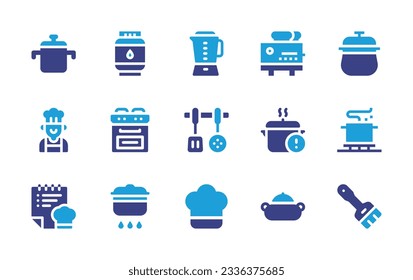 Colección de iconos de cocina. Color de duotona. Ilustración vectorial. Con olla de cocina, botella, licuadora, tostadora, olla exprés, cocinero, cocina, skimmer, cocina, olla, receta, sombrero de chef, cacerola.