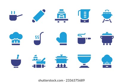 Cooking icon collection. Duotone color. Vector illustration. Containing kitchen pack, barbecue, blender, grill, chef hat, soup ladle, oven mitt, pot, cooking, bowl. 