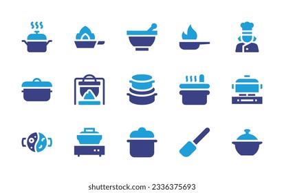 Cooking icon collection. Duotone color. Vector illustration. Containing pot, frying pan, kitchen pack, chef, cooking pot, boiling, paddle. 