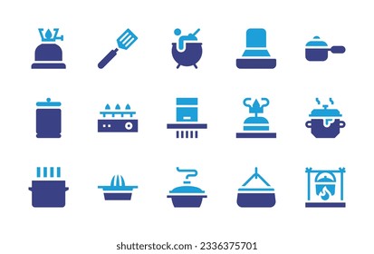 Cooking icon collection. Duotone color. Vector illustration. Containing gas, kitchen pack, cauldron, extractor hood, pan, food, burner, smoke extraction, cooking gas, cooking pot, squeezer, cook. 