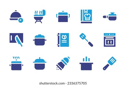 Cooking icon collection. Duotone color. Vector illustration. Containing lunch time, bbq, pot, cook, cooking pot, cutting board, recipe book, spatula, bake, seasoning. 