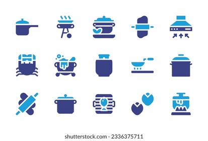 Cooking icon collection. Duotone color. Vector illustration. Containing cooking pot, barbecue, herbs, rolling pin, kitchen hood, crab, magic pot, gas, cook, pot, knead, pan, grilling, pistachio.