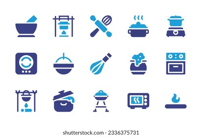 Cooking icon collection. Duotone color. Vector illustration. Containing mortar, cook, cooking, cooking pot, electric stove, pot, whisk, cauldron, oven, barbacue, microwave oven, fire. 