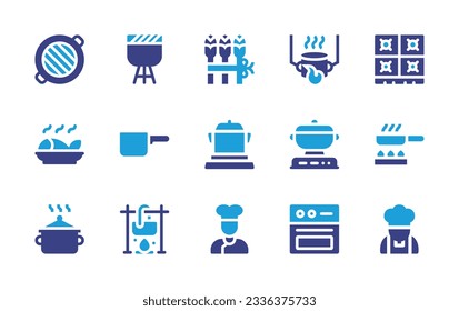 Cooking icon collection. Duotone color. Vector illustration. Containing grill, barbecue, asparagus, robots, cook, fish, pot, cooking, frying pan, chef, oven. 