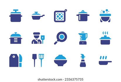Cooking icon collection. Duotone color. Vector illustration. Containing cooking pot, cook, saucepan, pot, chef, pan, blender, cutting board, spatula, soup, cooking oil, frying pan. 